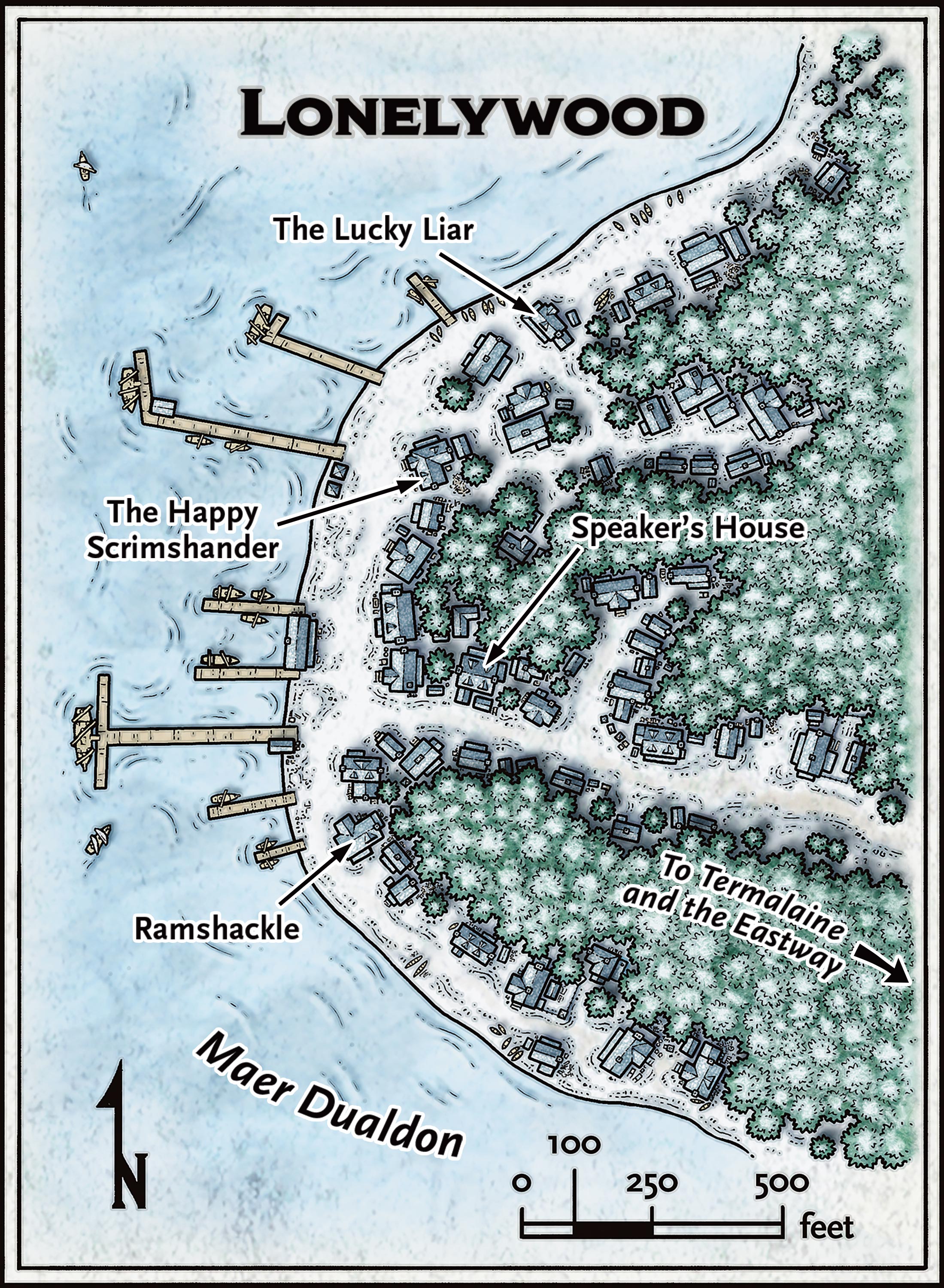 Map of Lonelywood settlement showing town layout, streets, and notable buildings